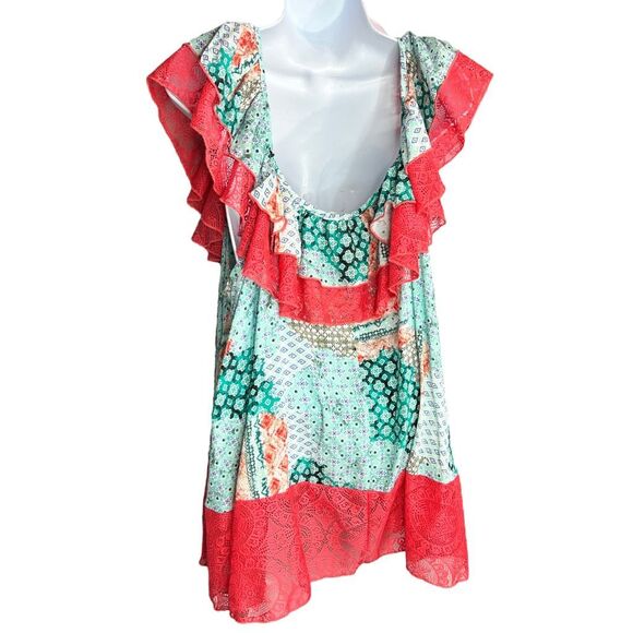 SUGARFOX Coral Ethnic Print Lace Ruffle Hem Top 1XL Women’s PLUS - Picture 3 of 16